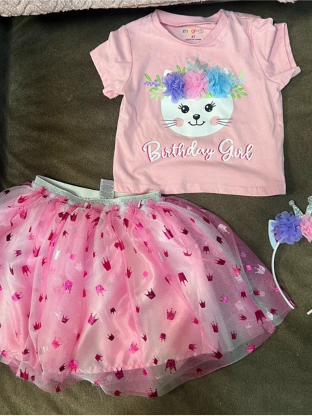 3T Floral Cat Birthday Girl Outfit w/ tutu and headband